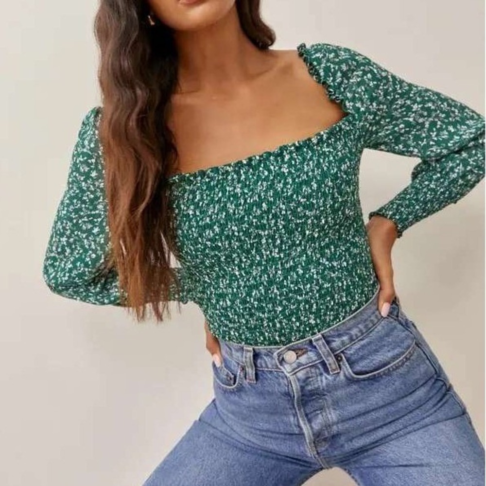 Reformation Green Pinto Top Parsley Floral Print Smocked Blouse Size Medium - Picture 2 of 13